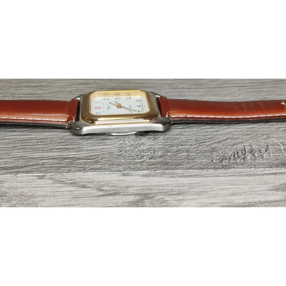 Vintage Vogue Quartz Watch Square Two Tone Case Japan Movt Brown Leather Strap